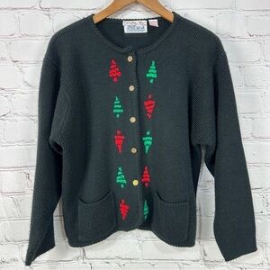 Vintage women’s Christmas cardigan sweater size large stretchy Grannycore trees